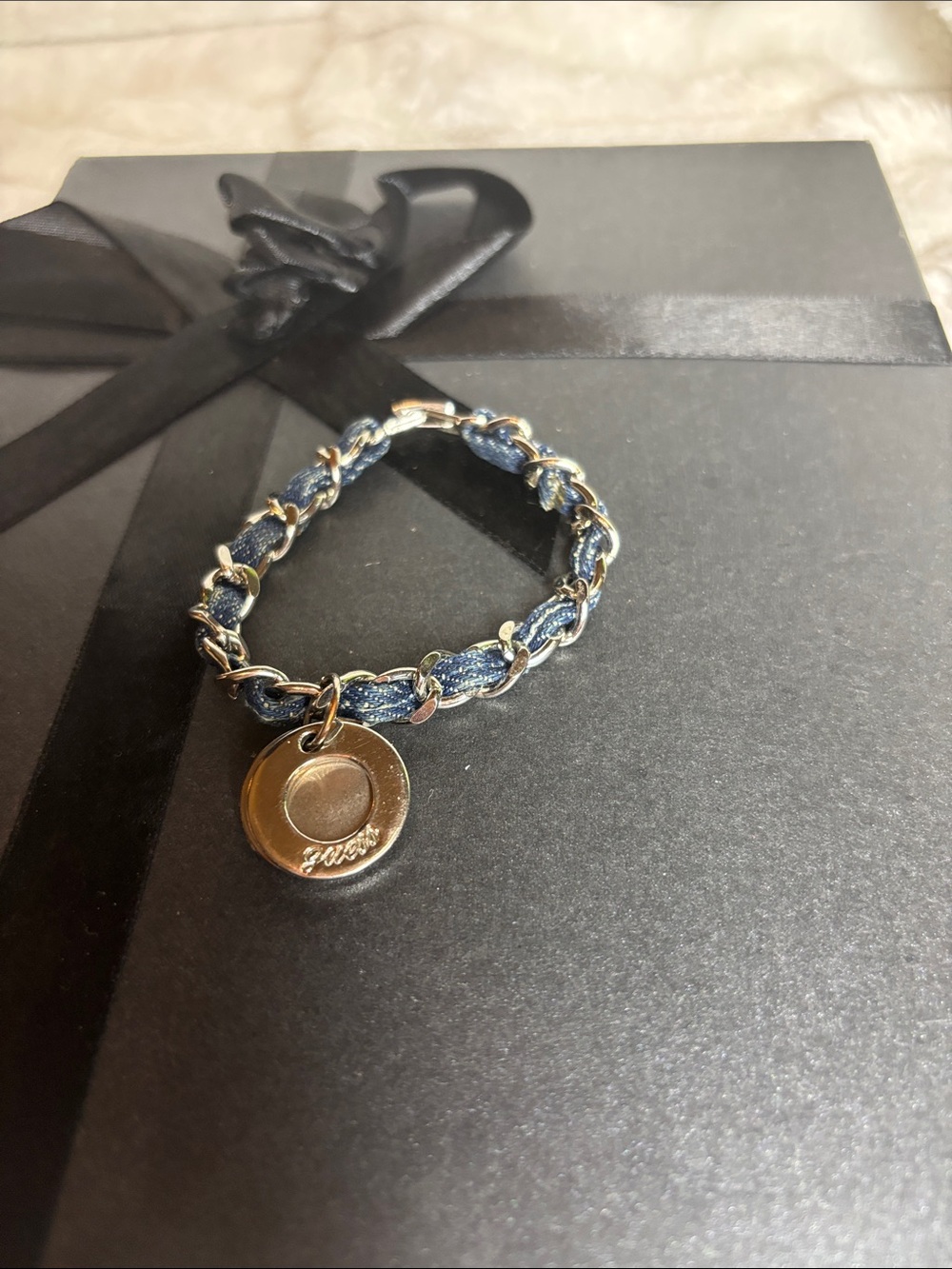 Blue Jean Material Entwined in Silvertone Chain-Link Charm Bracelet by Guess